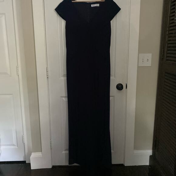 Mac Duggal Ieena Gown Dress Maxi Navy Blue Slit V Neck Sleeves Ruched Stretch - Picture 9 of 11